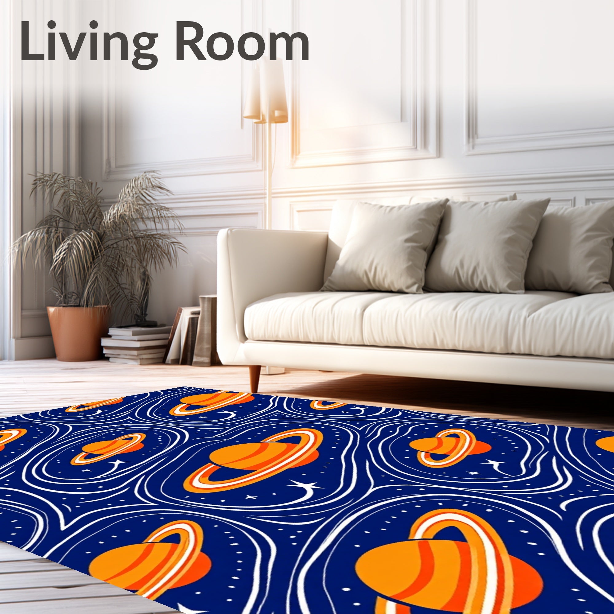 Orange Ringed Planets Swirling Galaxy Rug