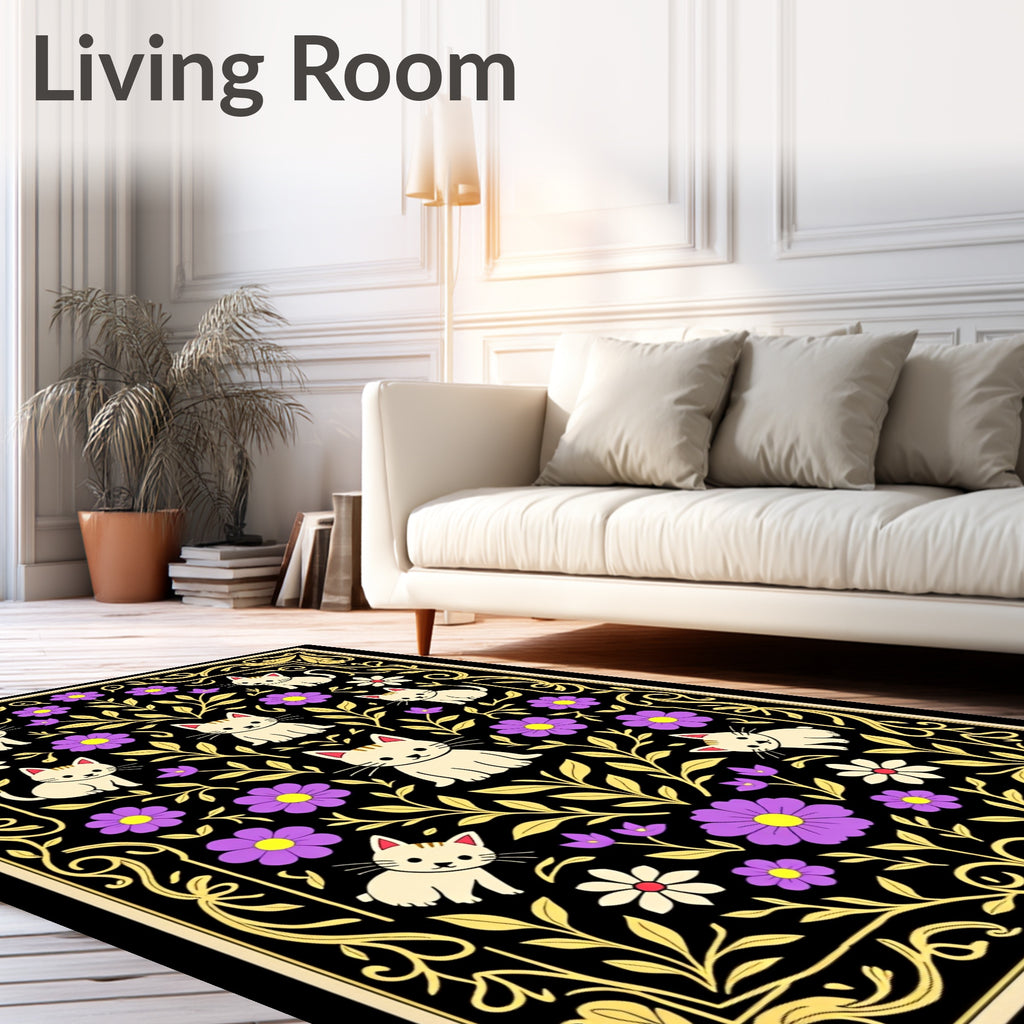 Whimsical Black Cats Purple Floral Garden Rug