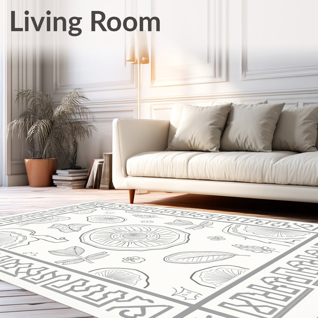Gray Botanical Sketch Frame Rug