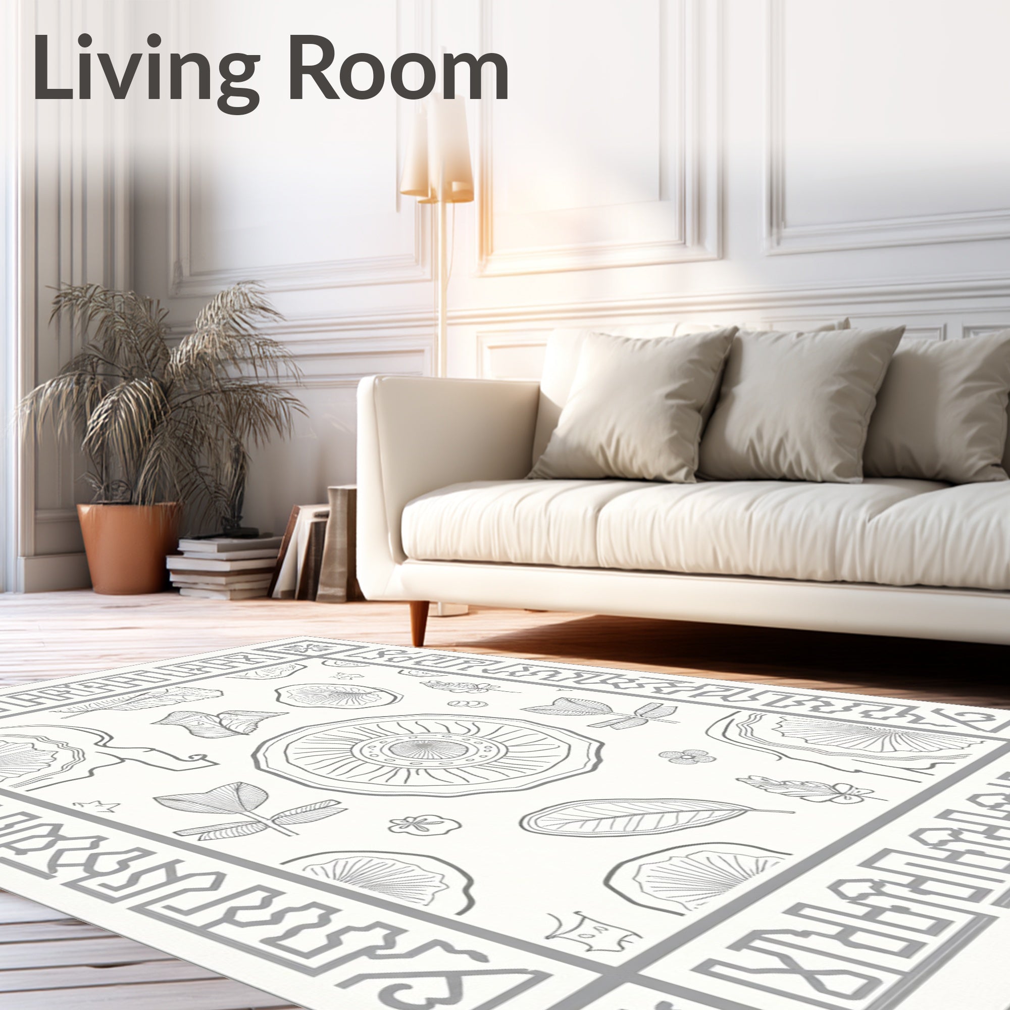 Gray Botanical Sketch Frame Rug