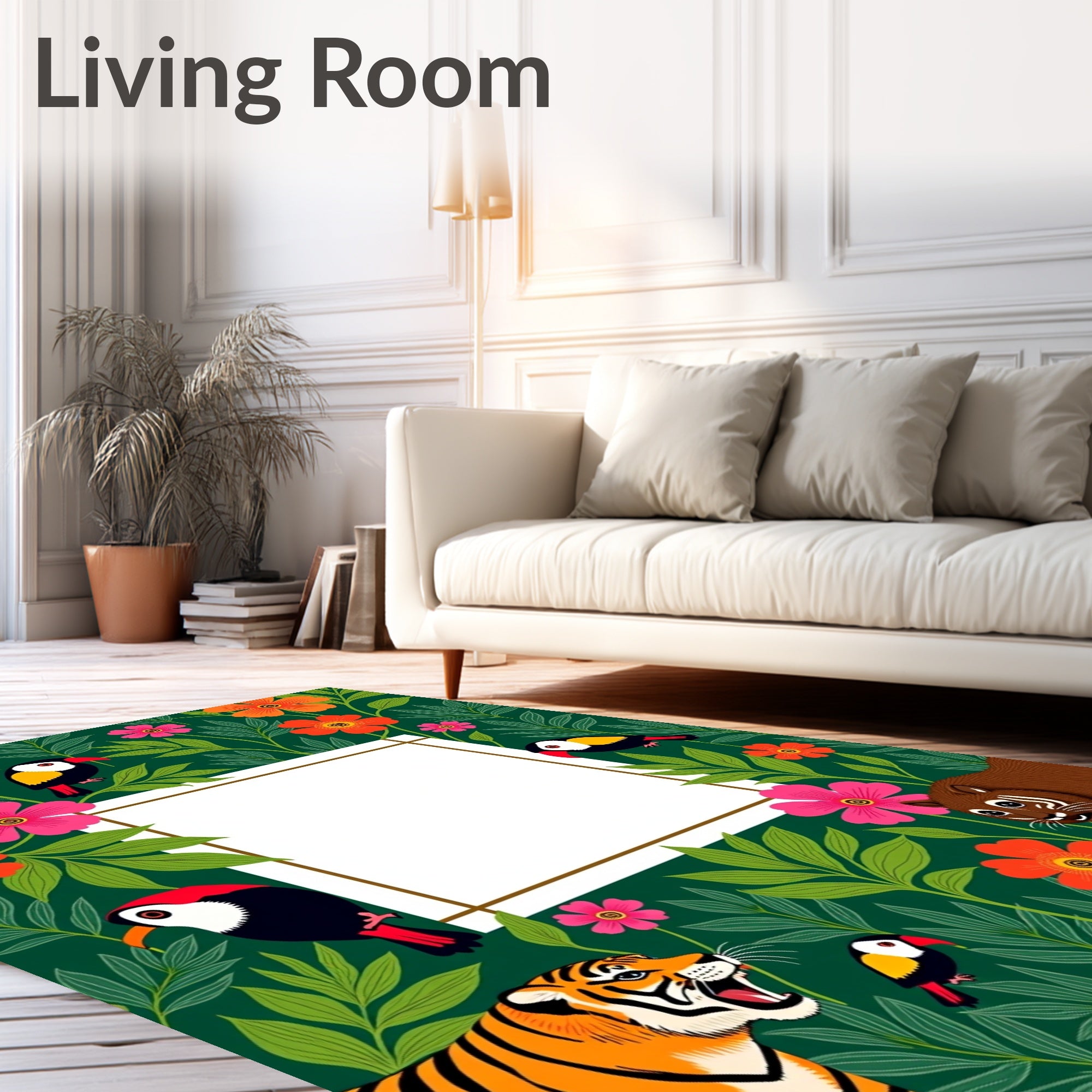 Vibrant Jungle Animals Floral Frame Rug