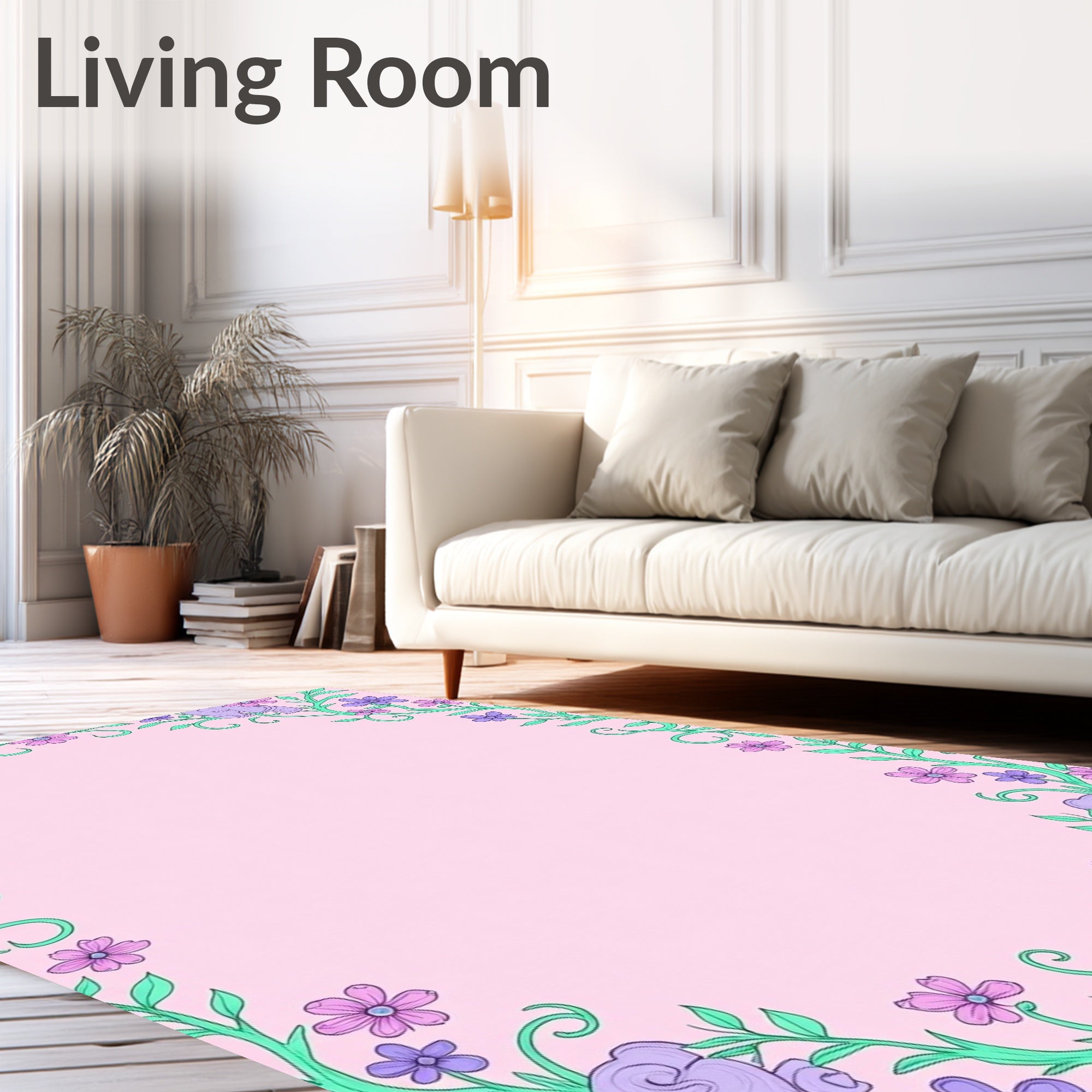 Pastel Floral Elephant Vines Border Rug