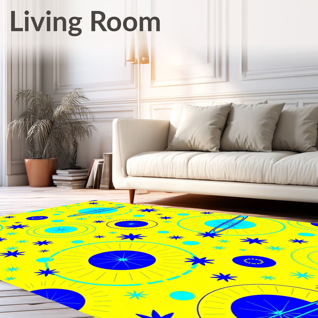 Yellow Cosmic Starburst Spaceship Rings Rug