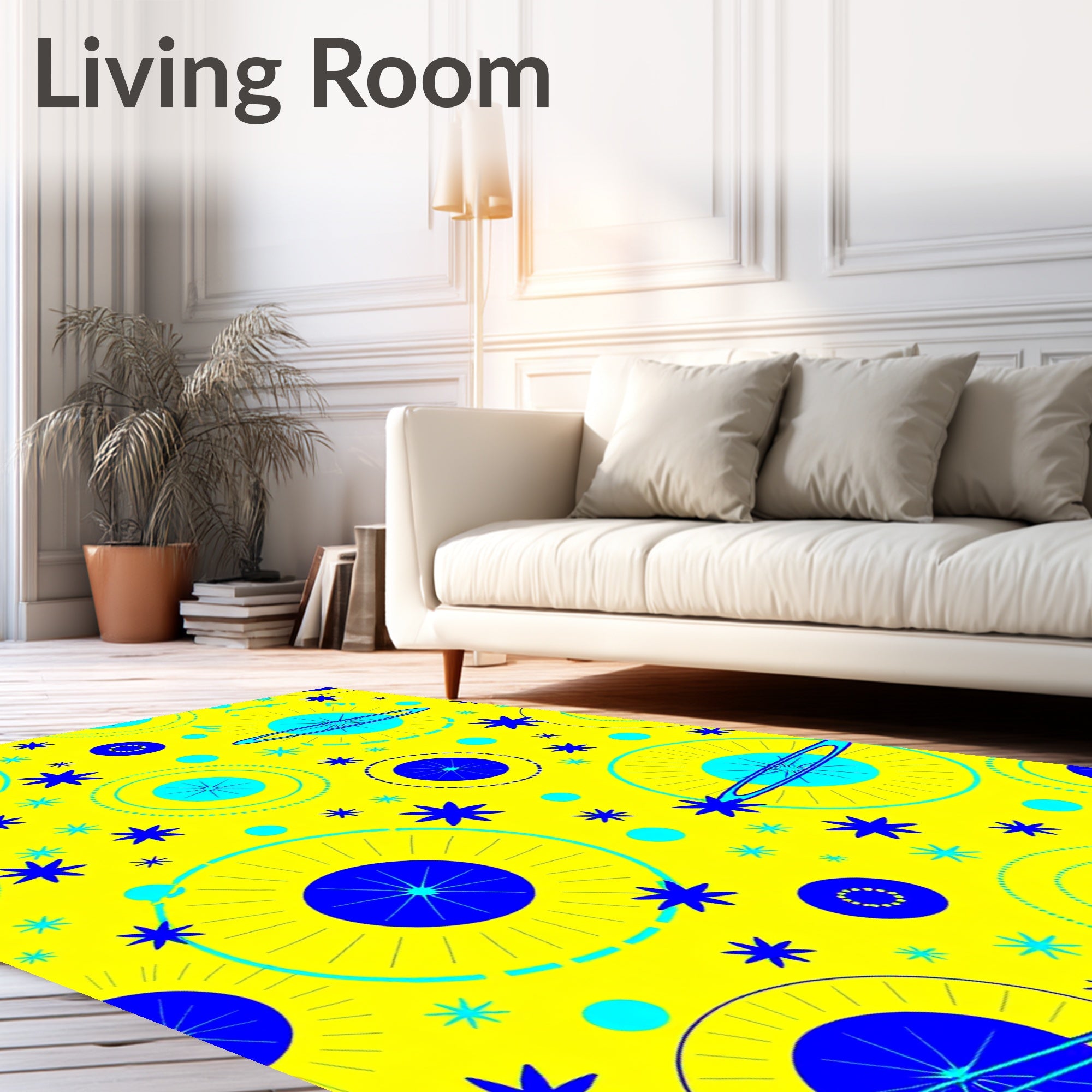 Yellow Cosmic Starburst Spaceship Rings Rug