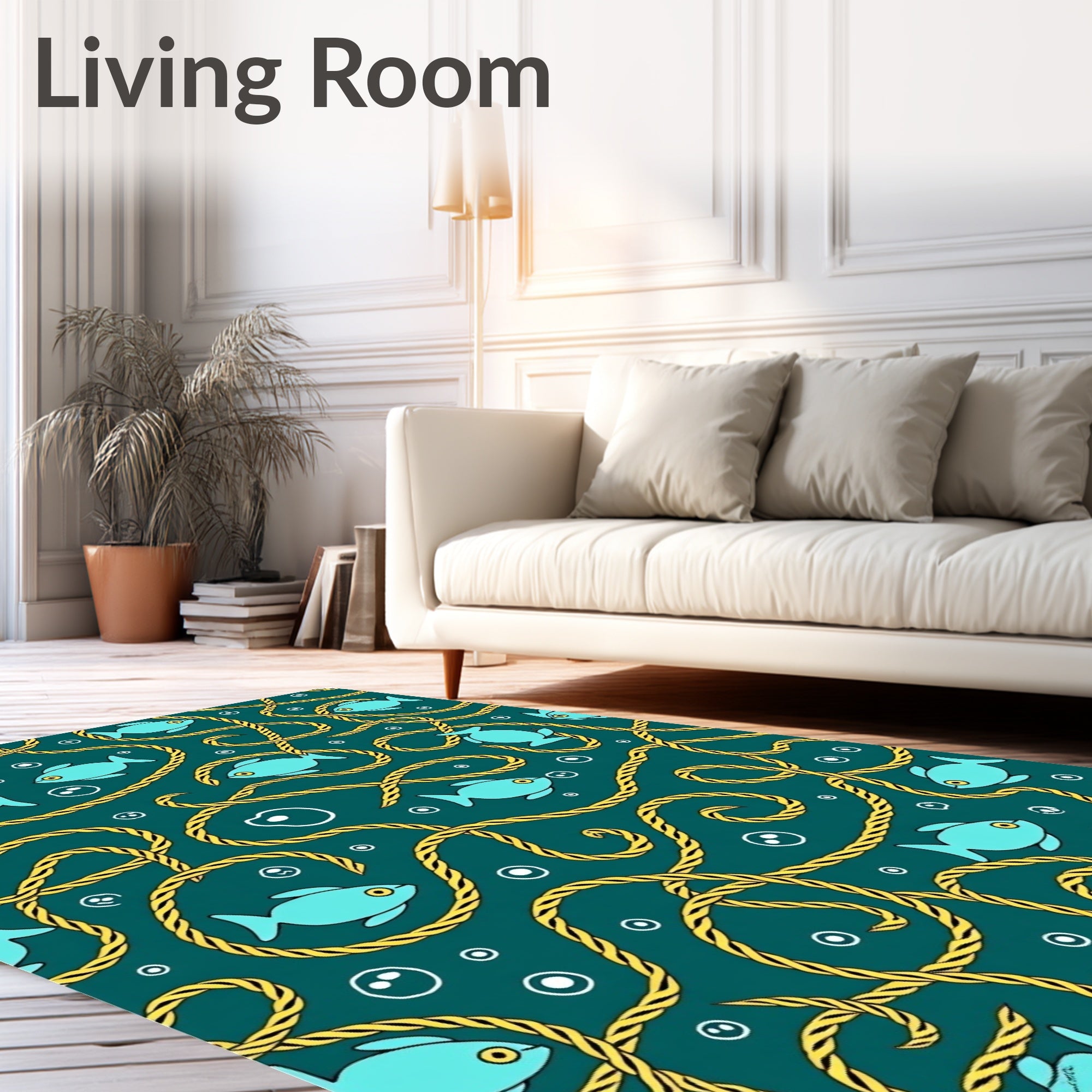 Teal Fish Nautical Rope Pattern Rug
