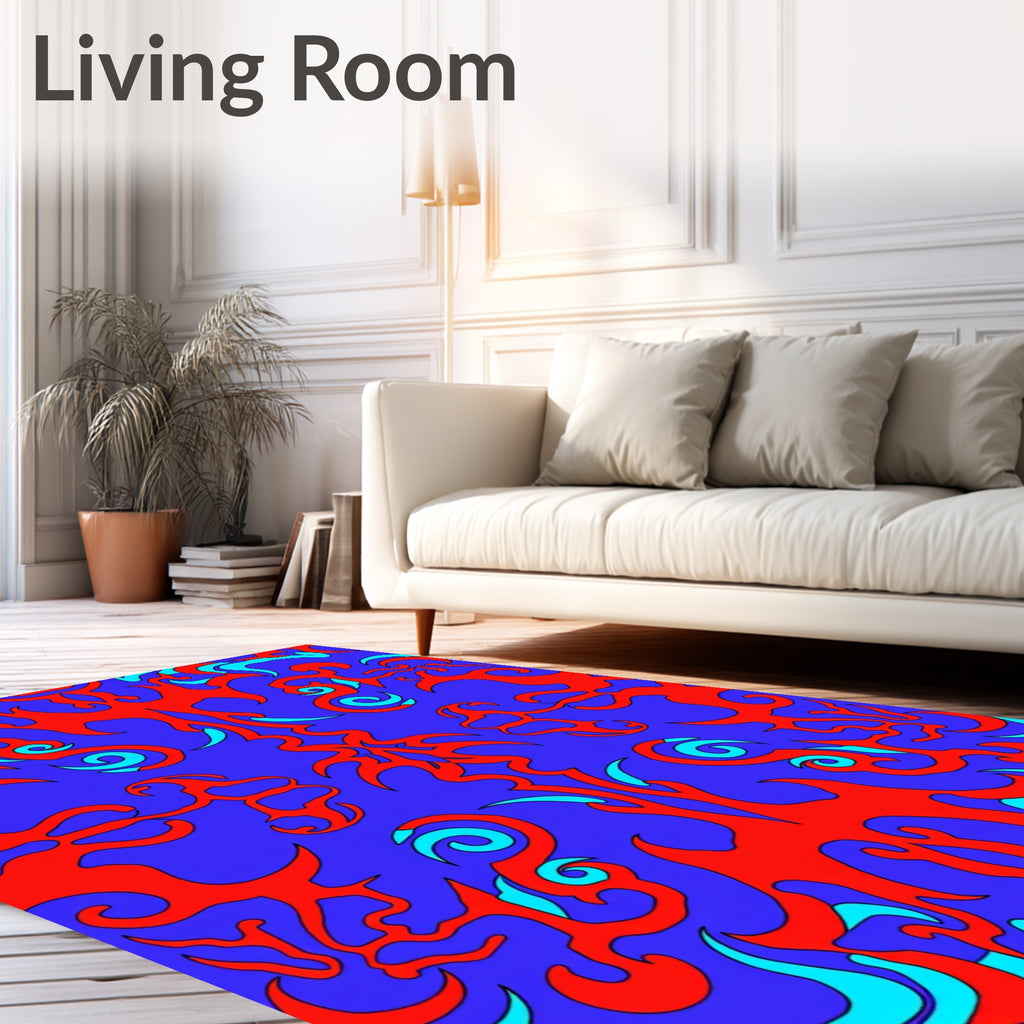 Bold Red Swirl Blue Abstract Rug
