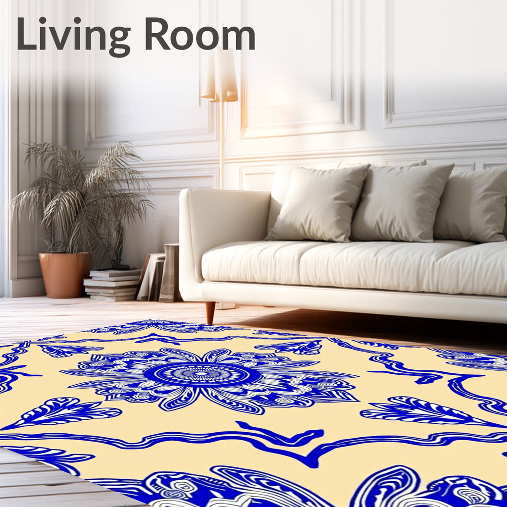 Vibrant Blue Floral Medallion Cream Rug
