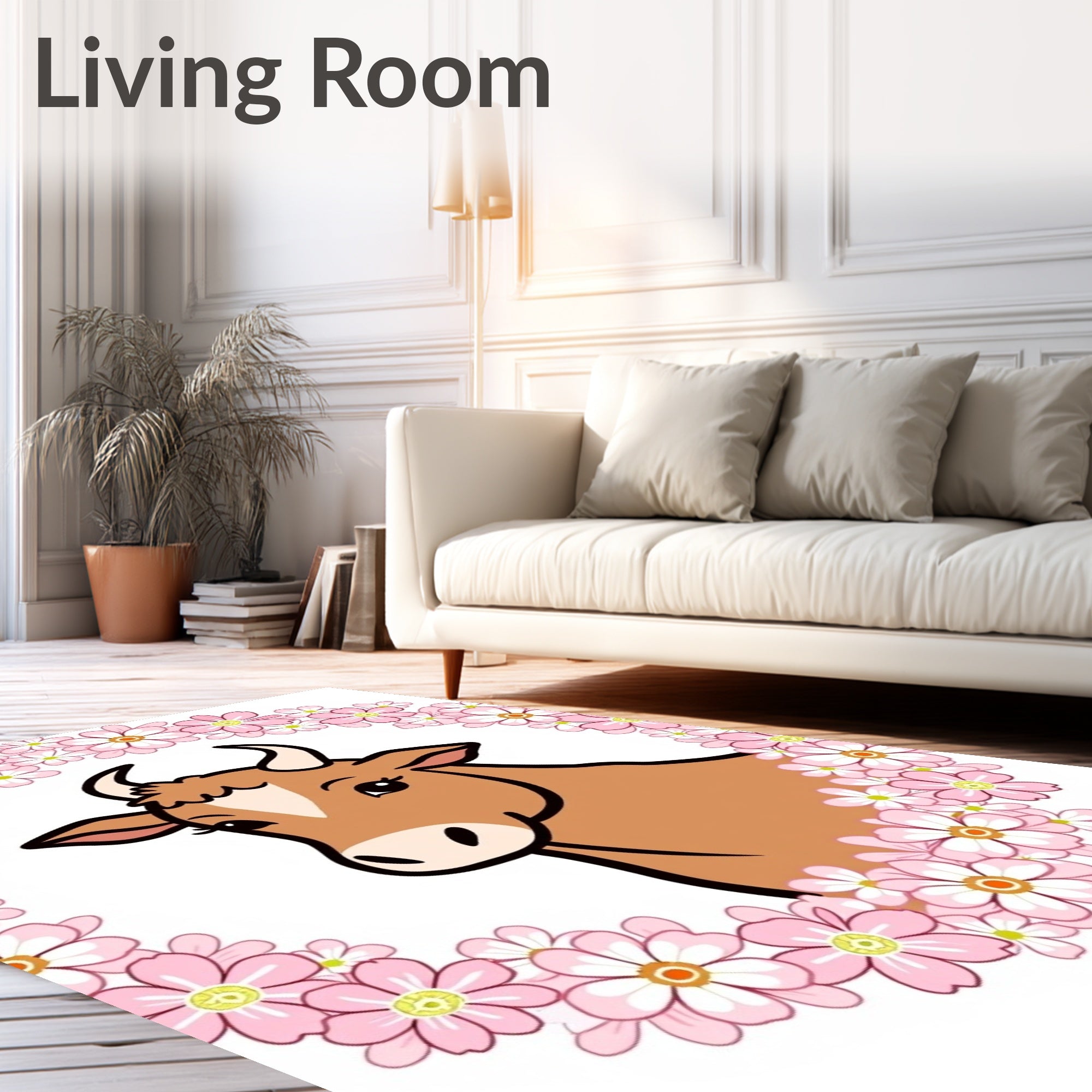 Cute Cow Pink Floral Wreath Rug