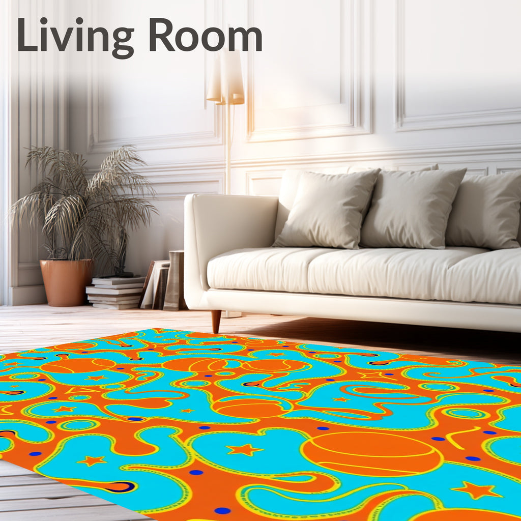 Vibrant Orange Aqua Abstract Star Orb Rug