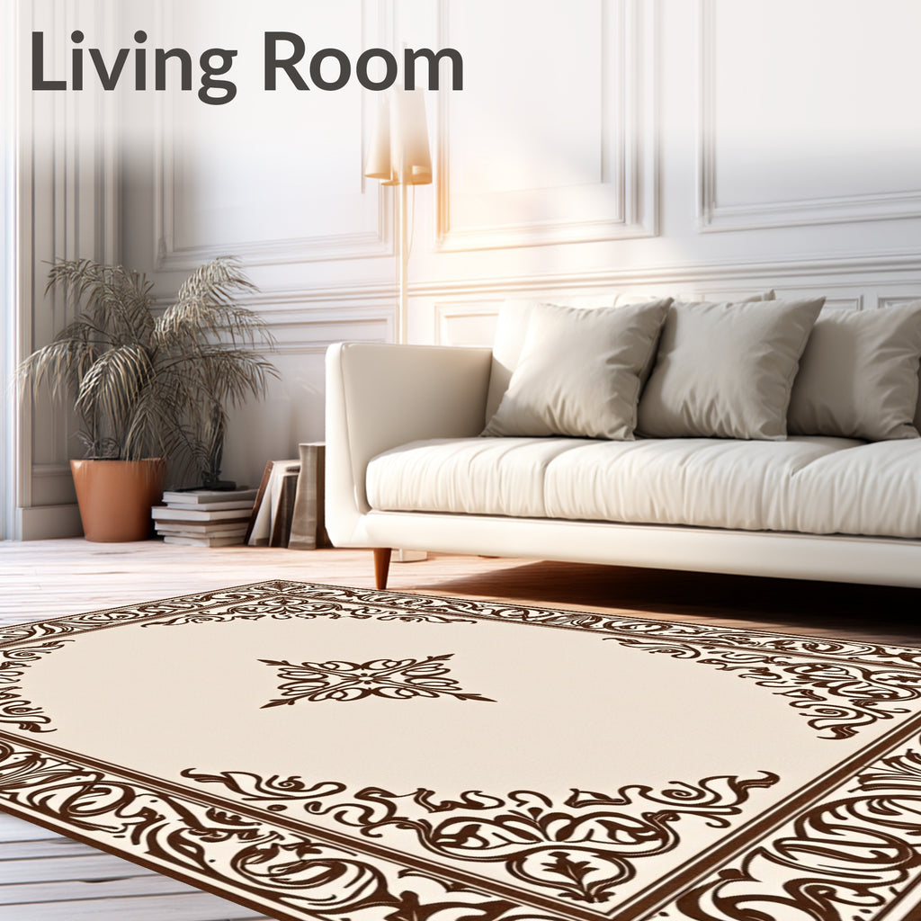 Classic Brown Scrollwork Corner Border Rug