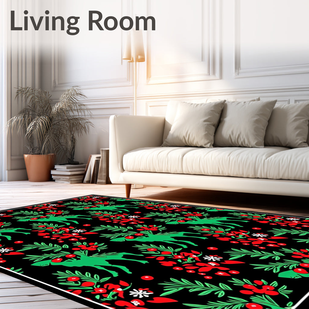 Green Reindeer Red Berry Christmas Rug