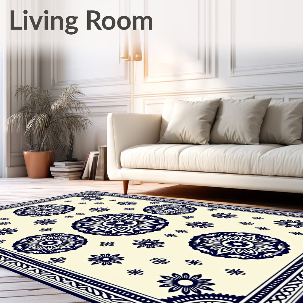 Navy Floral Radiating Burst Ivory Rug