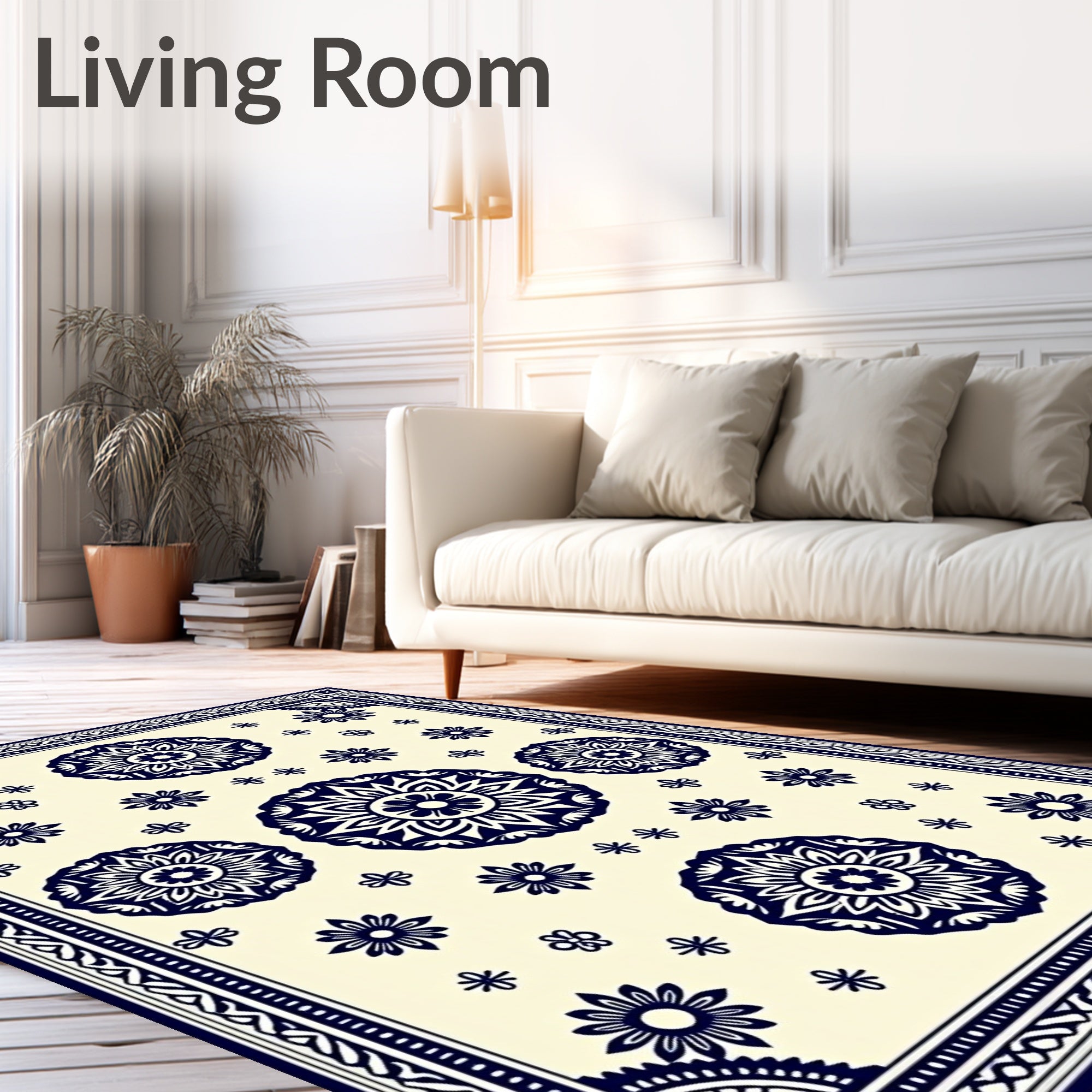 Navy Floral Radiating Burst Ivory Rug