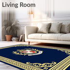Ornate Blue Golden Crested Frame Rug