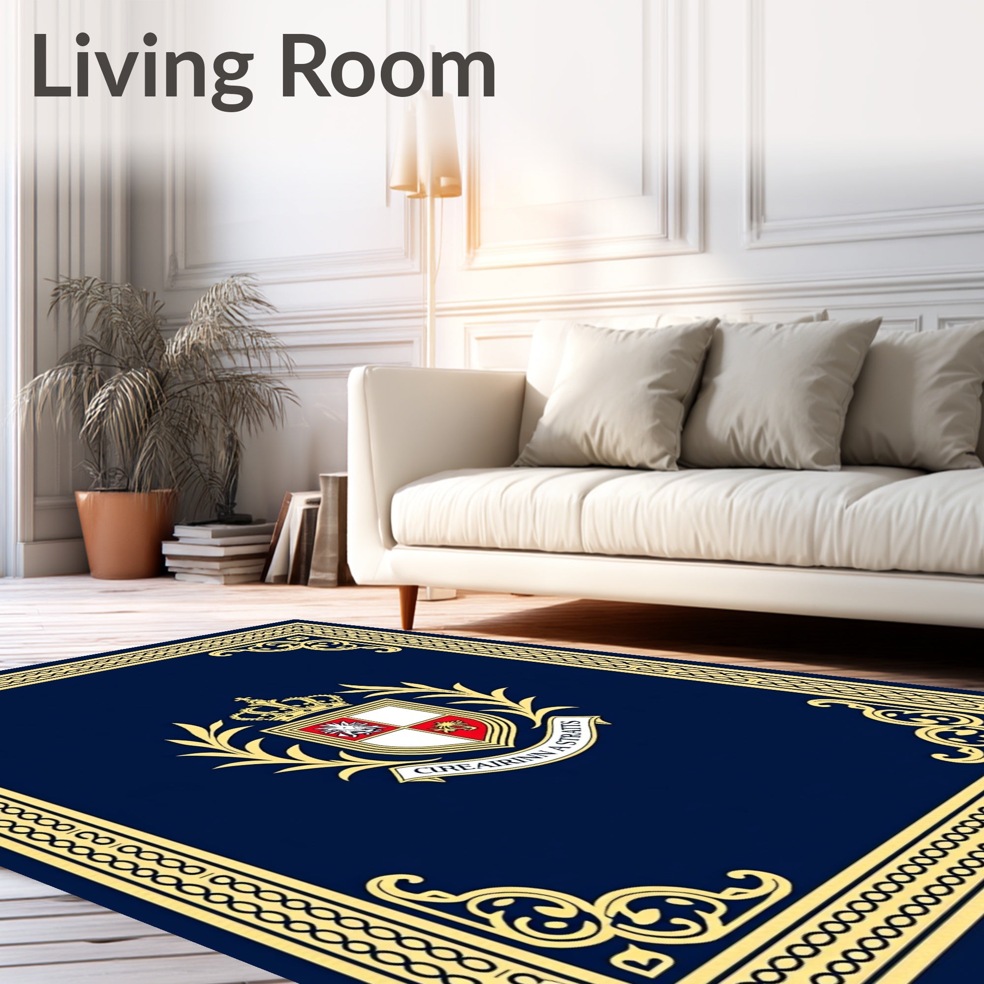 Ornate Blue Golden Crested Frame Rug