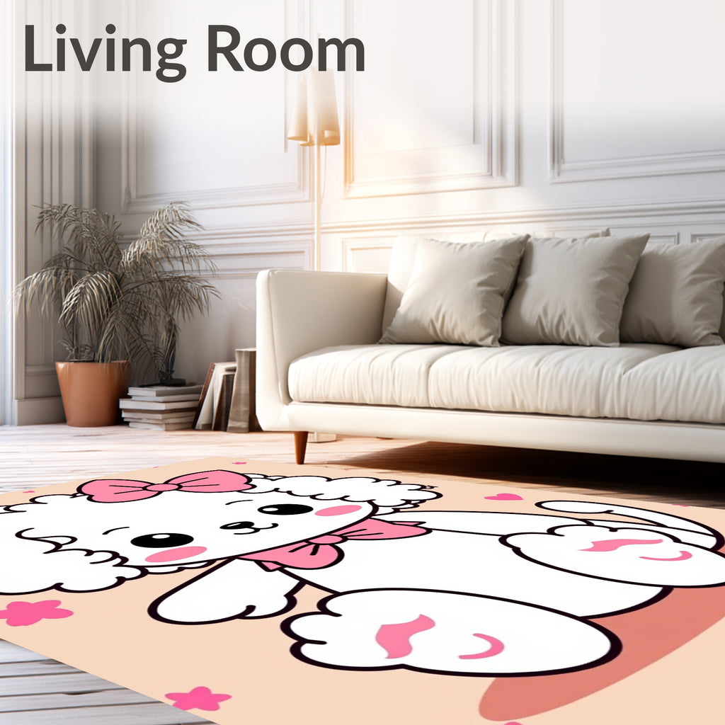Cute Pink Bow White Puppy Rug