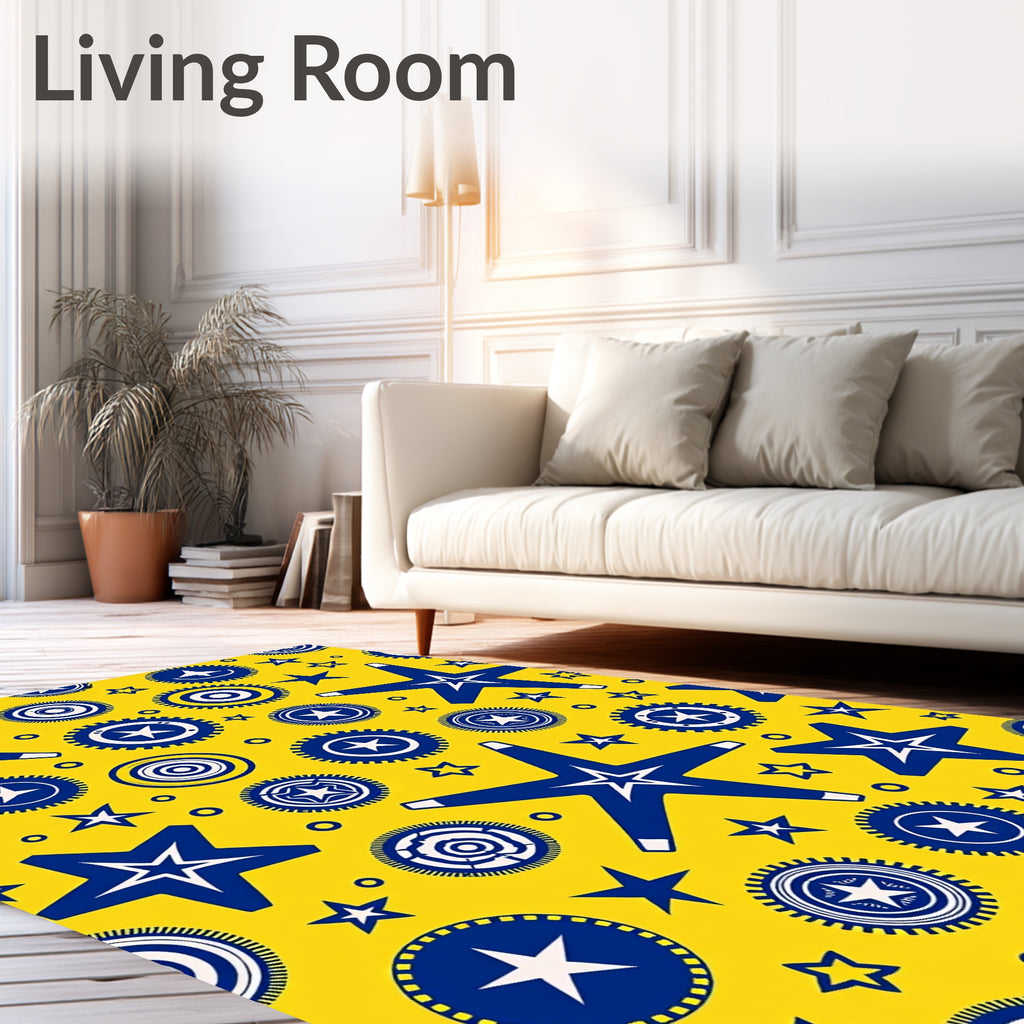 Bold Blue Stars Sunburst Yellow Rug