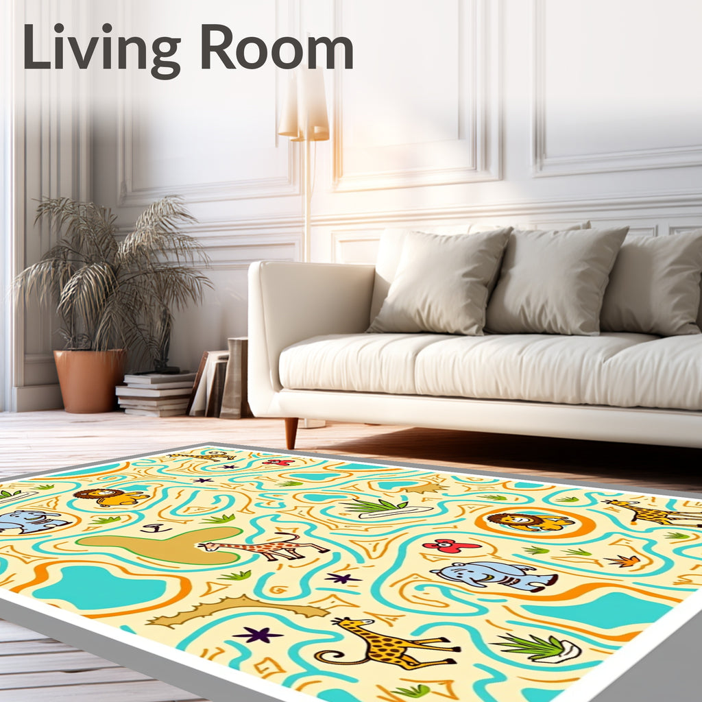 Whimsical Safari Animals Yellow Abstract Rug