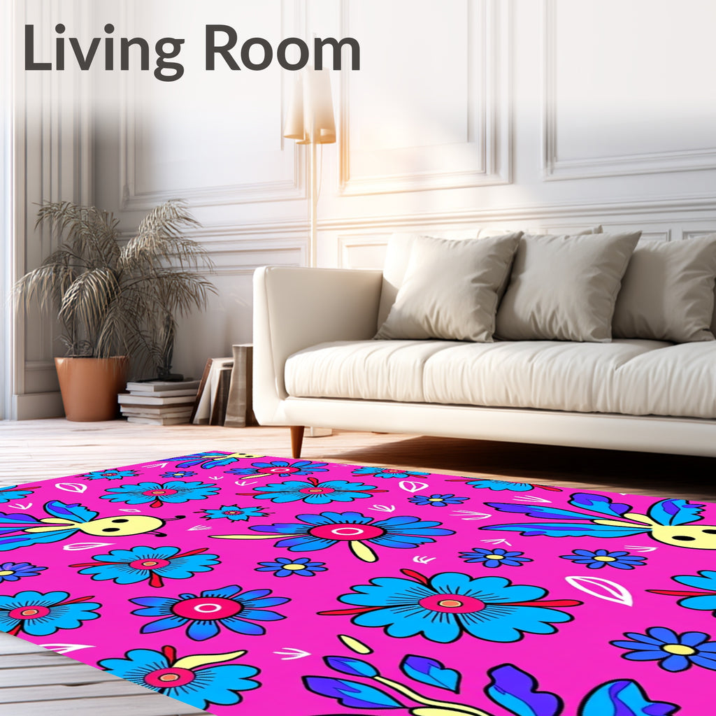 Whimsical Blue Flower Creature Pink Rug