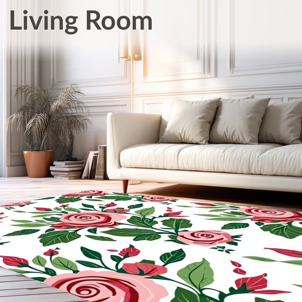 Pink Rose Garden with Green Leaves Rug