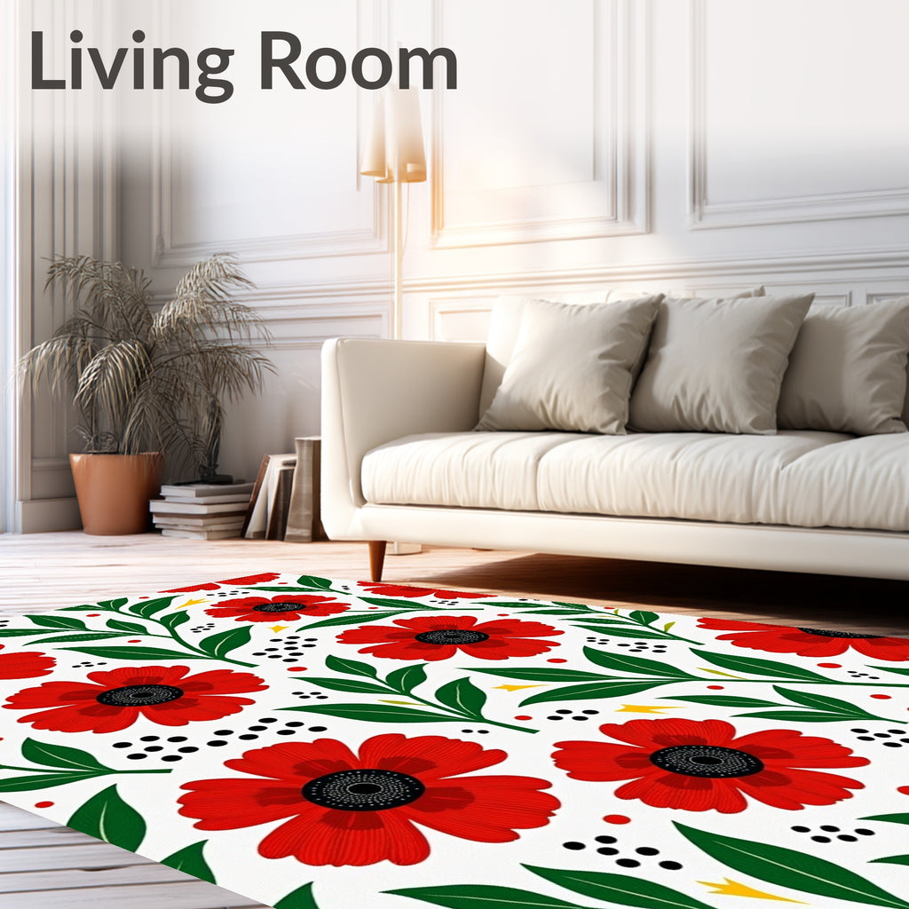 Vibrant Red Poppy Floral Branches Rug