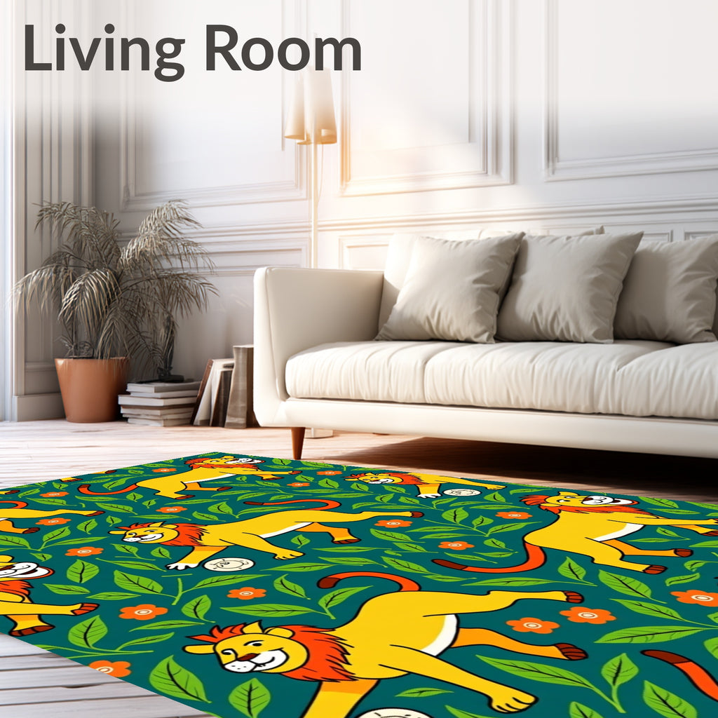Whimsical Yellow Lion Jungle Foliage Rug