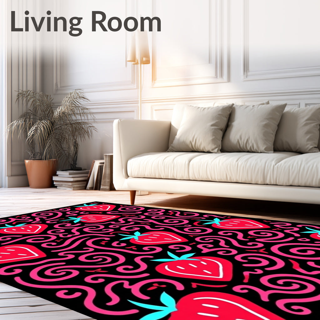 Red Strawberry Swirls Black Background Rug