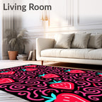 Red Strawberry Swirls Black Background Rug