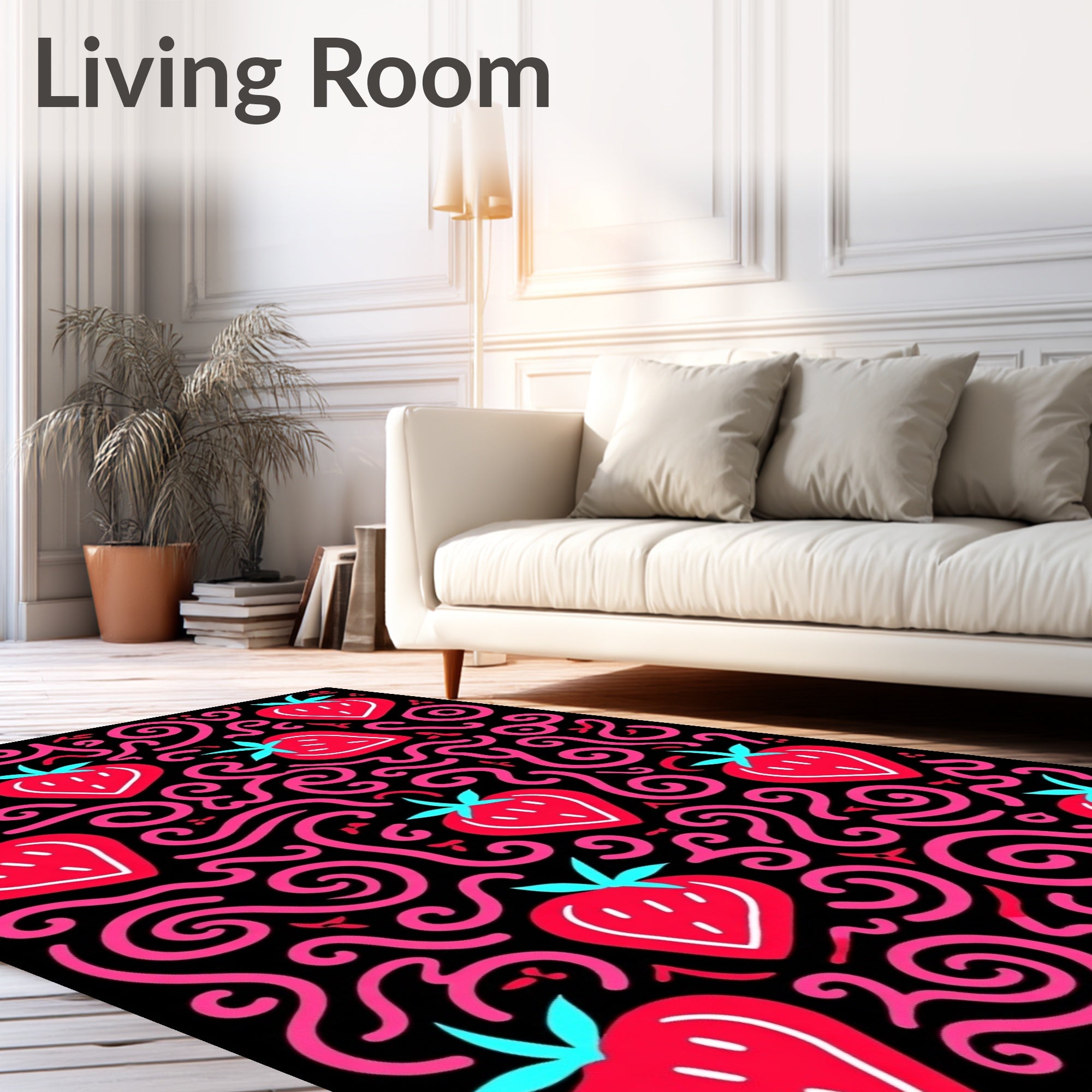 Red Strawberry Swirls Black Background Rug