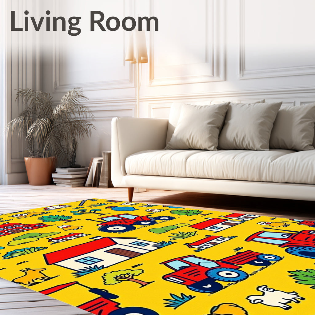 Farmhouse Red Tractors Yellow Countryside Rug