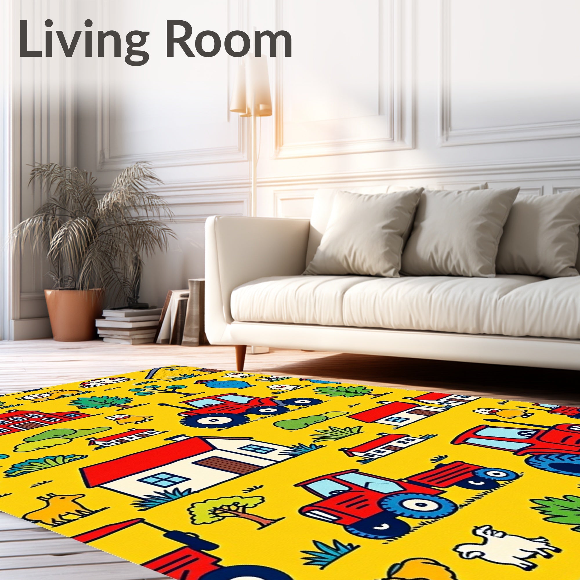 Farmhouse Red Tractors Yellow Countryside Rug