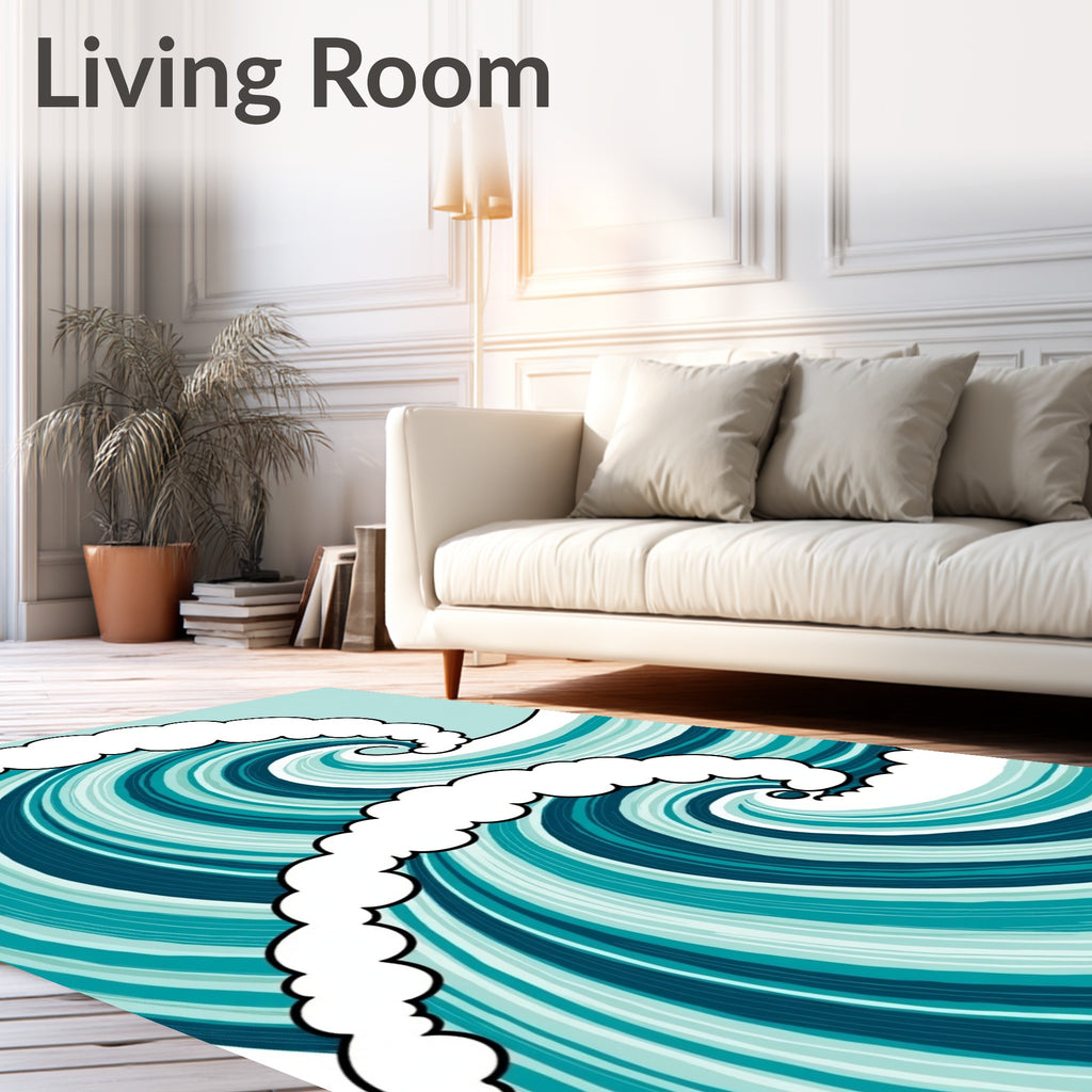 Turquoise White Swirling Ocean Wave Rug