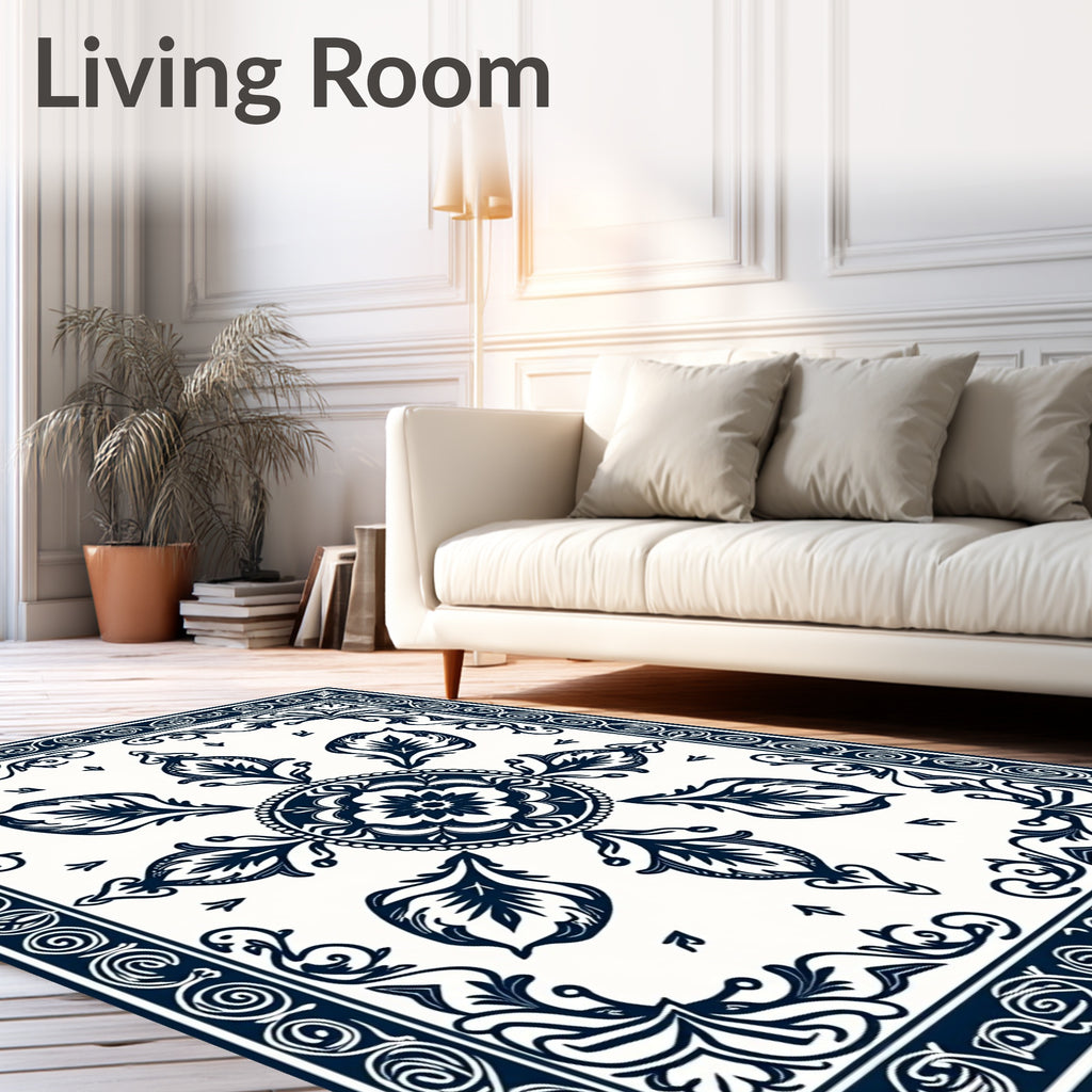 Navy Cream Floral Medallion Scroll Border Rug