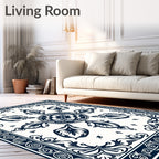 Navy Cream Floral Medallion Scroll Border Rug
