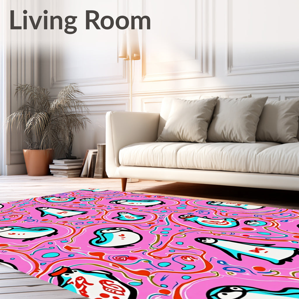 Whimsical Pink Penguin Playful Swirls Rug