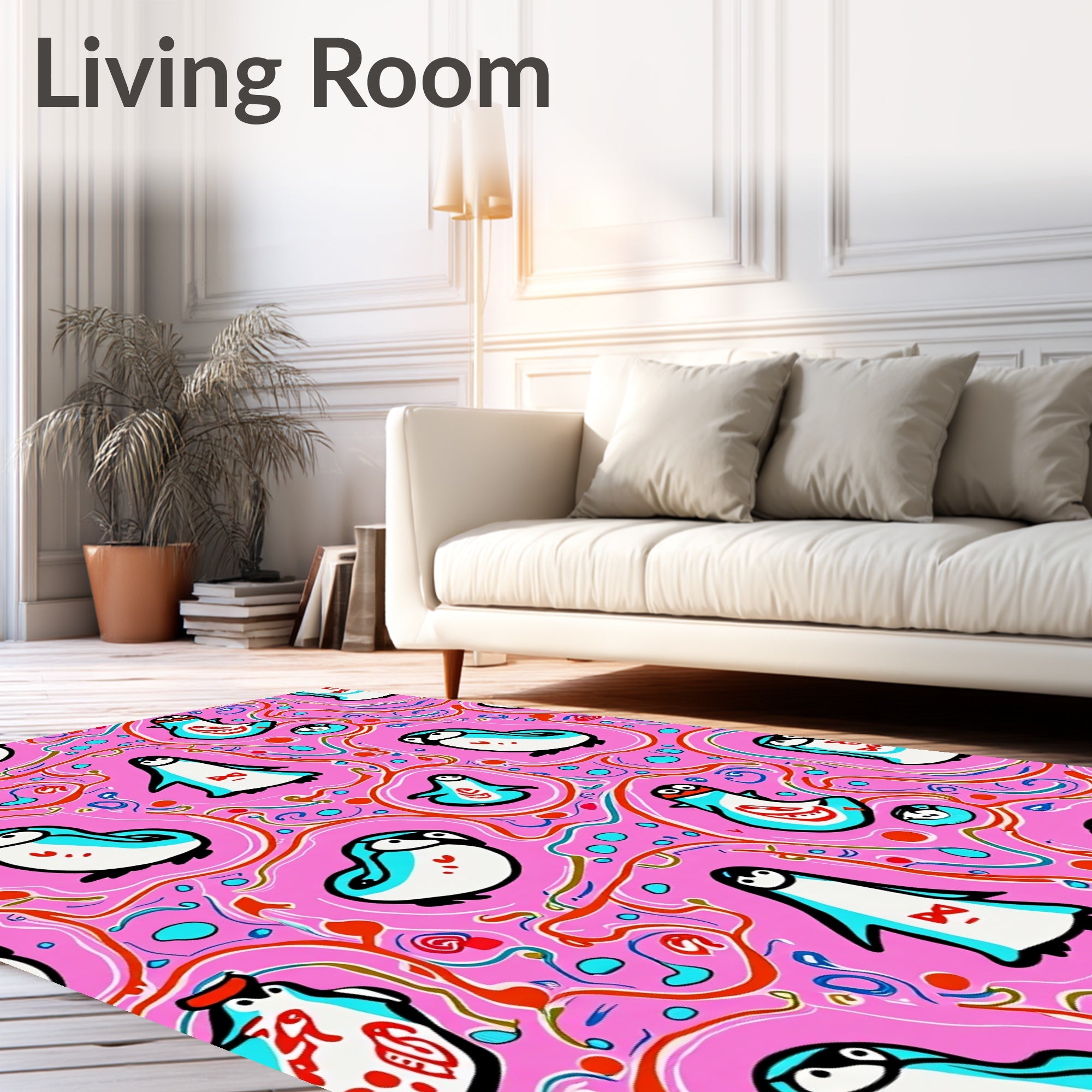 Whimsical Pink Penguin Playful Swirls Rug