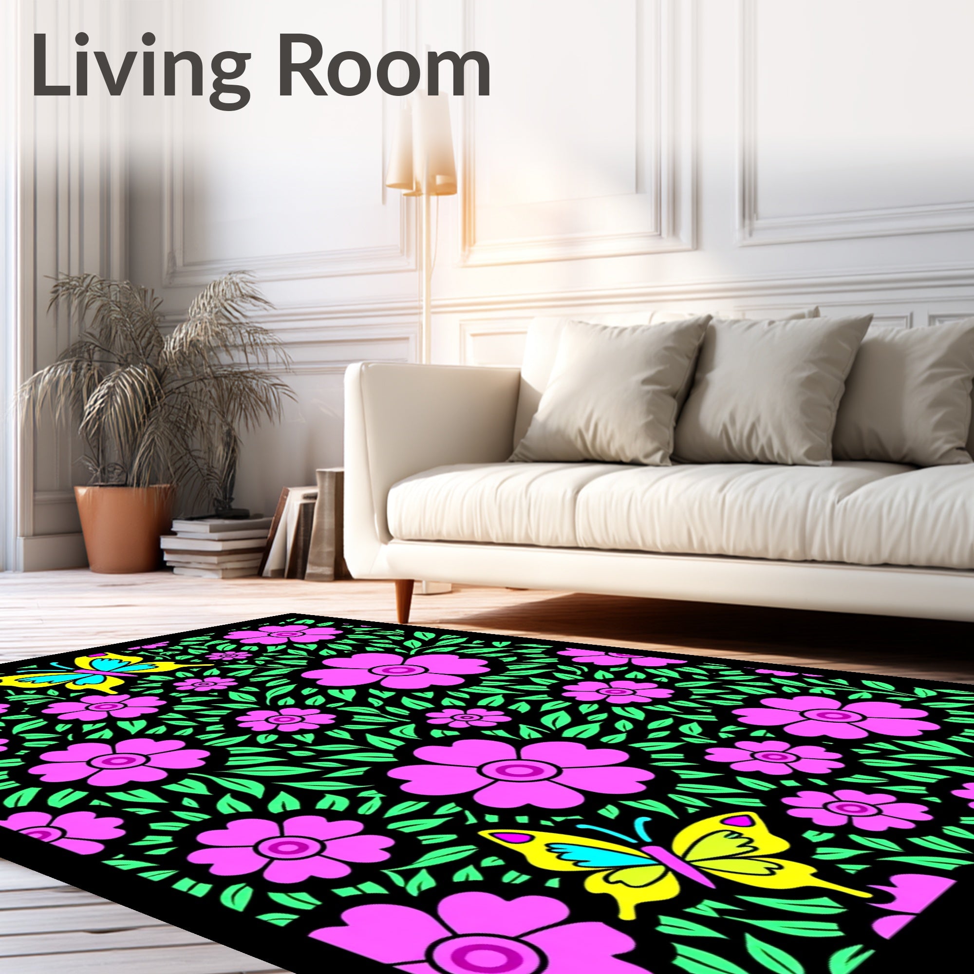 Pink Floral Garden Butterfly Illustration Rug