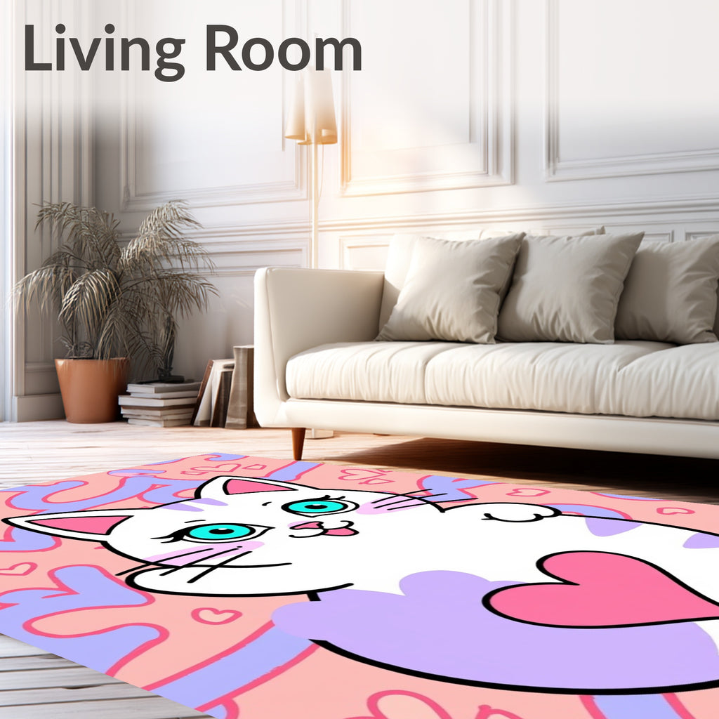 Cute White Cat Pink Heart Background Rug