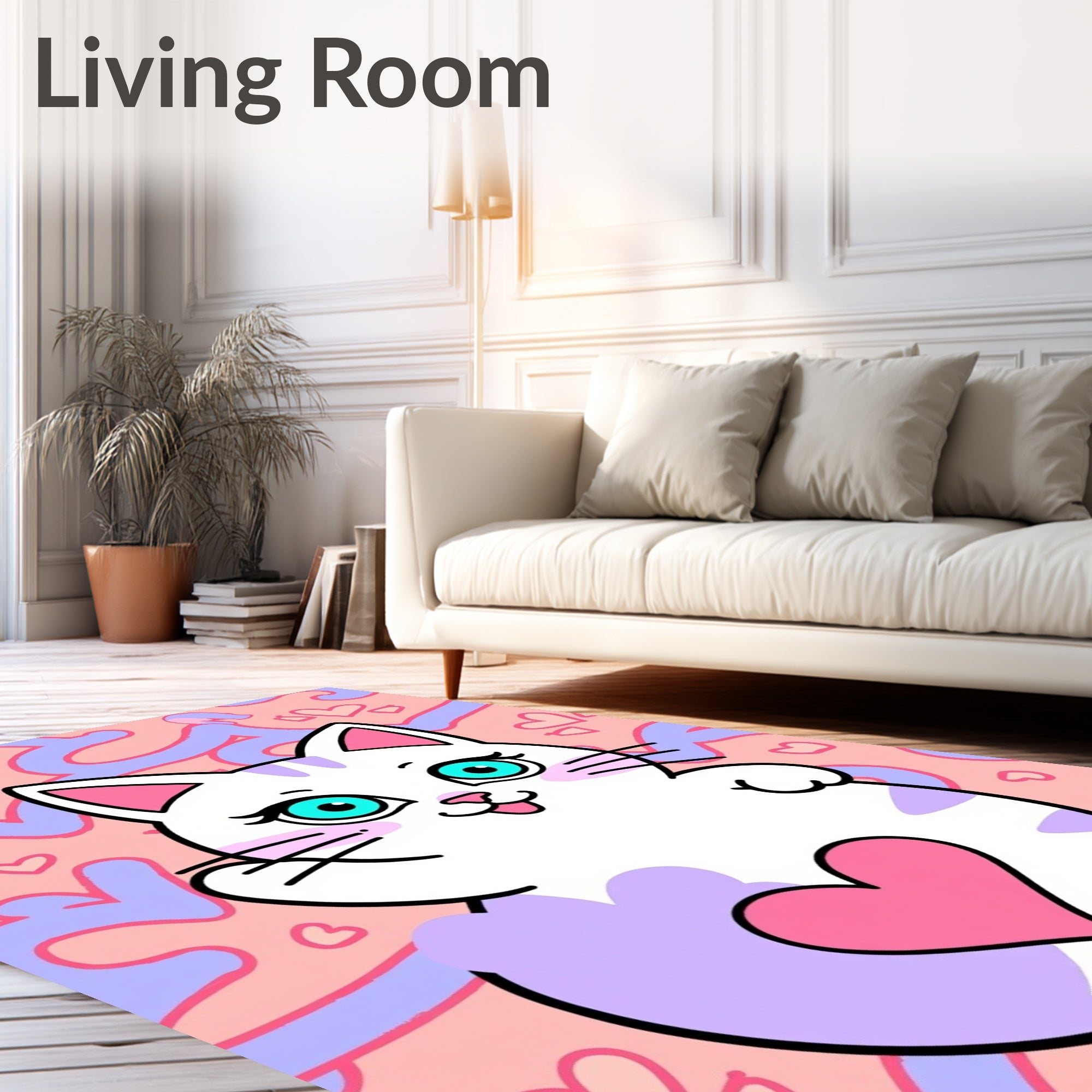 Cute White Cat Pink Heart Background Rug