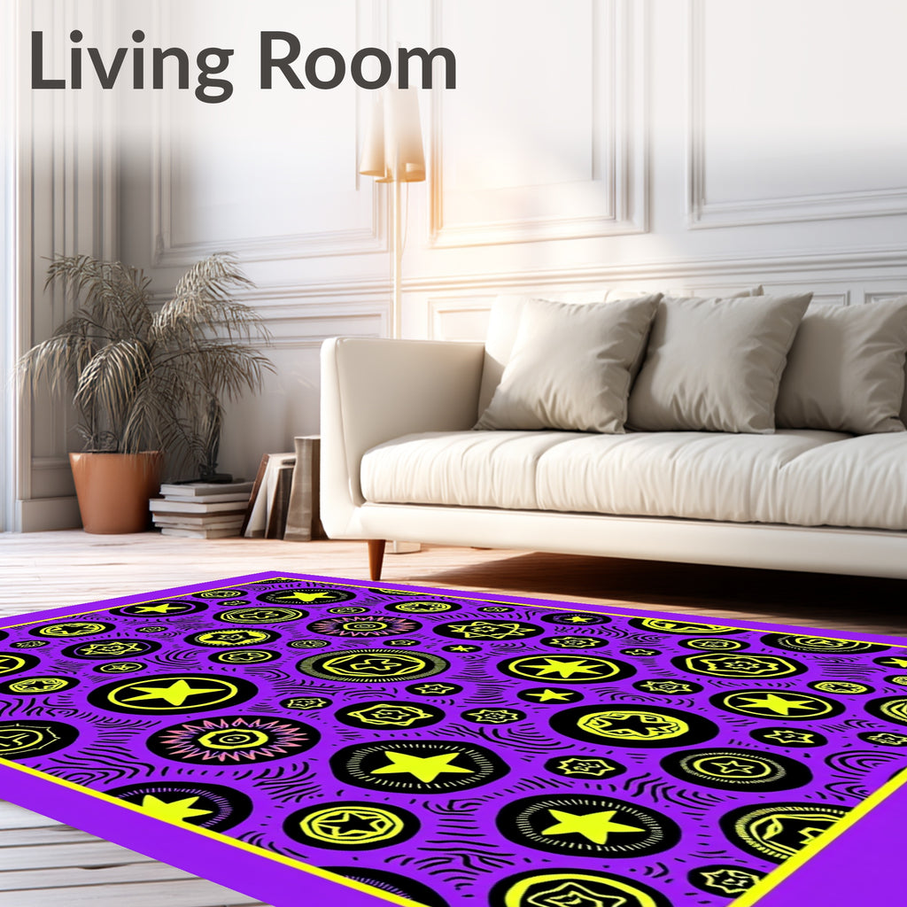 Vibrant Yellow Starbursts on Purple Background Rug