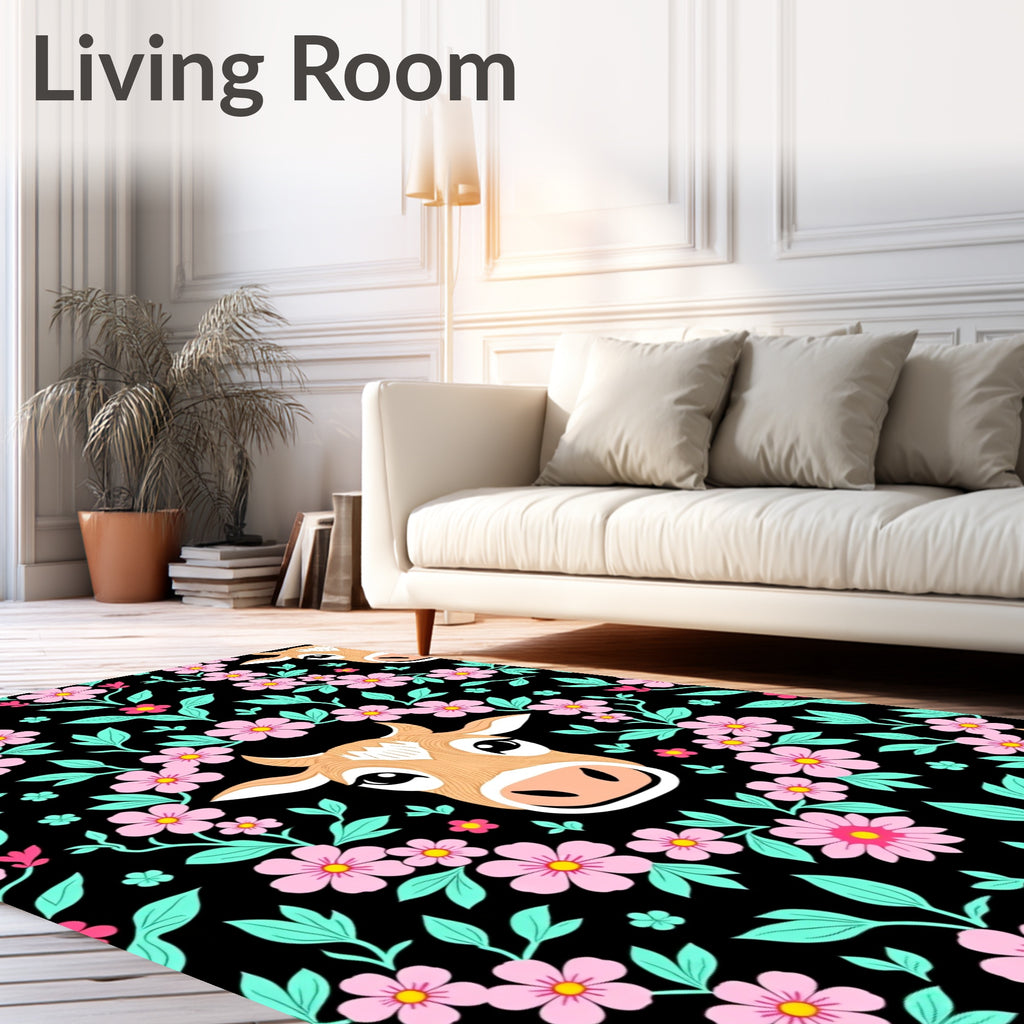 Whimsical Pink Floral Cow Meadow Rug