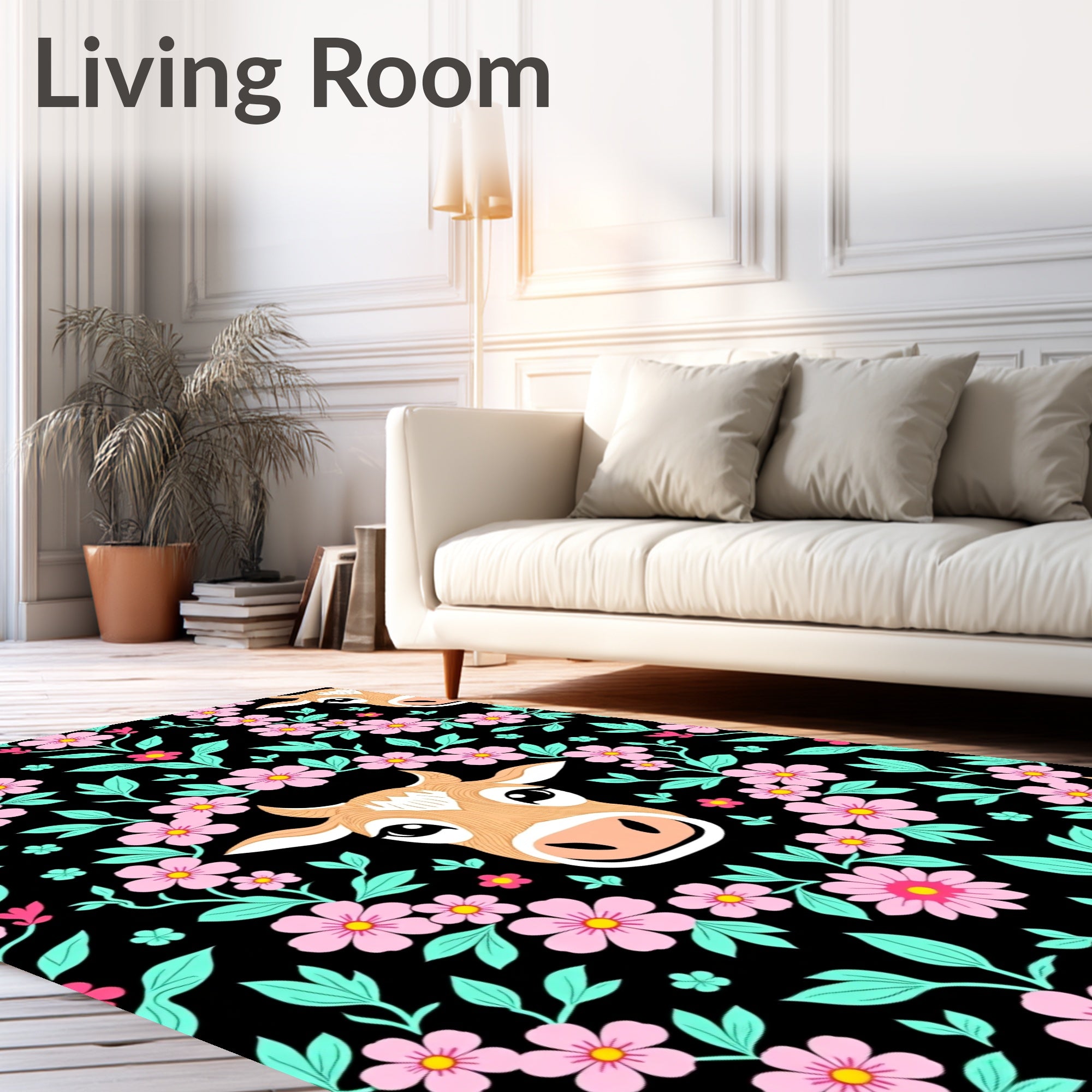 Whimsical Pink Floral Cow Meadow Rug
