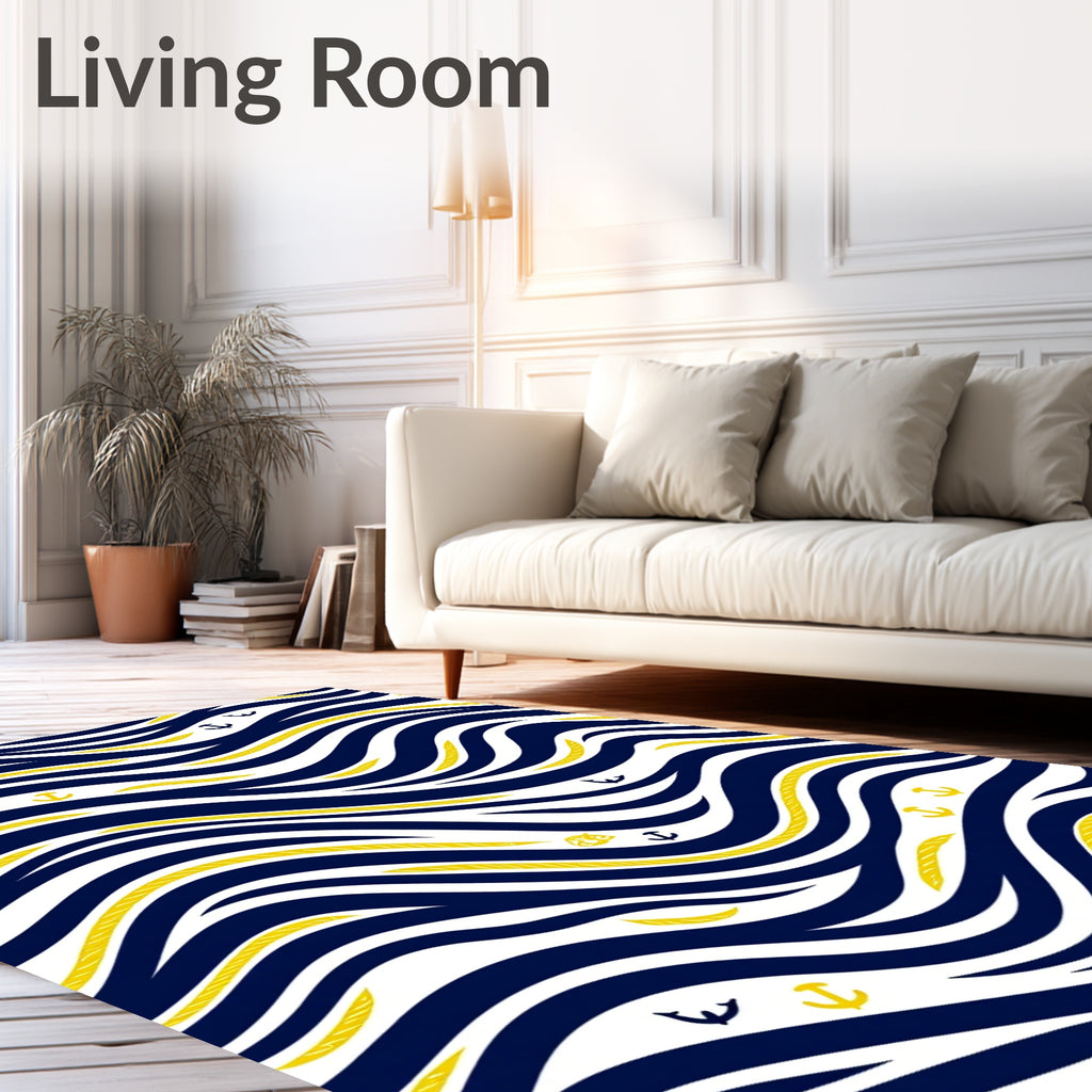 Navy Blue White Yellow Anchor Waves Rug