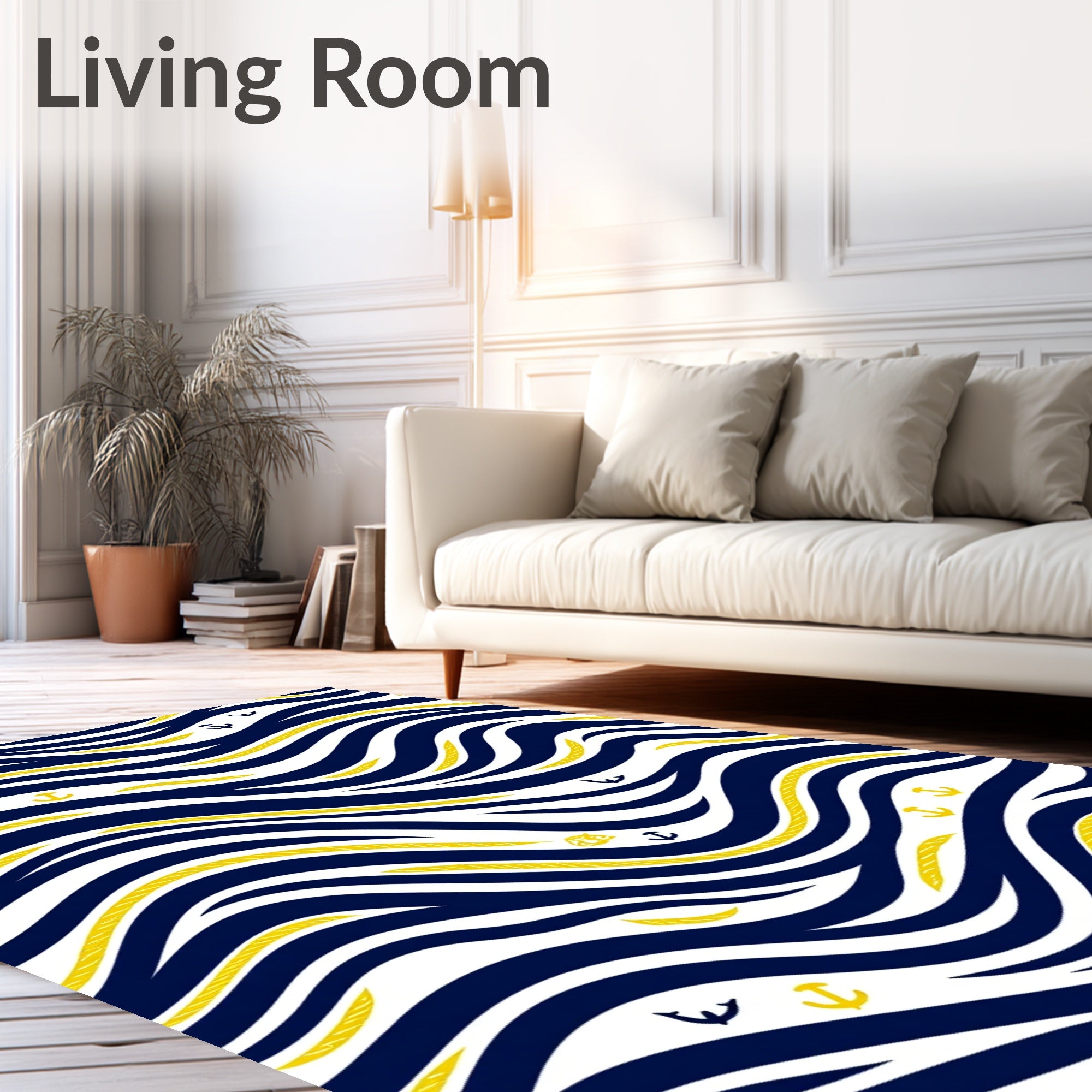 Navy Blue White Yellow Anchor Waves Rug