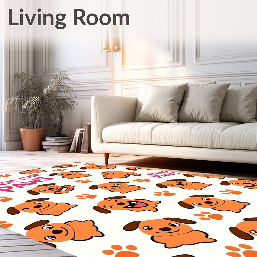 Playful Orange Dog Paw Print Collage Rug