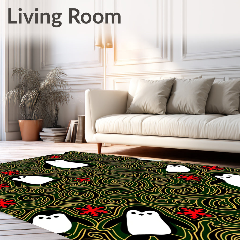 Whimsical Penguin Red Floral Swirl Rug