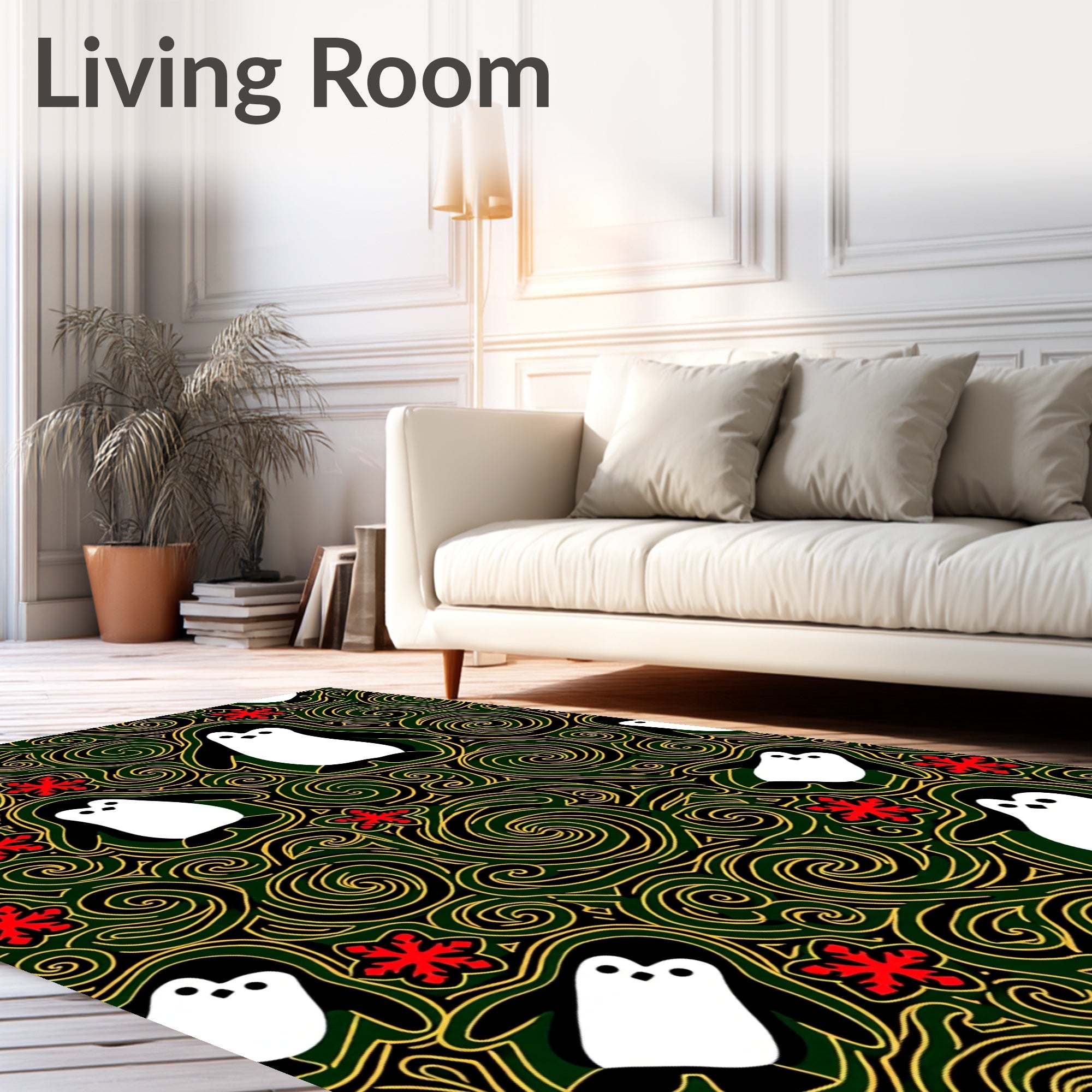 Whimsical Penguin Red Floral Swirl Rug