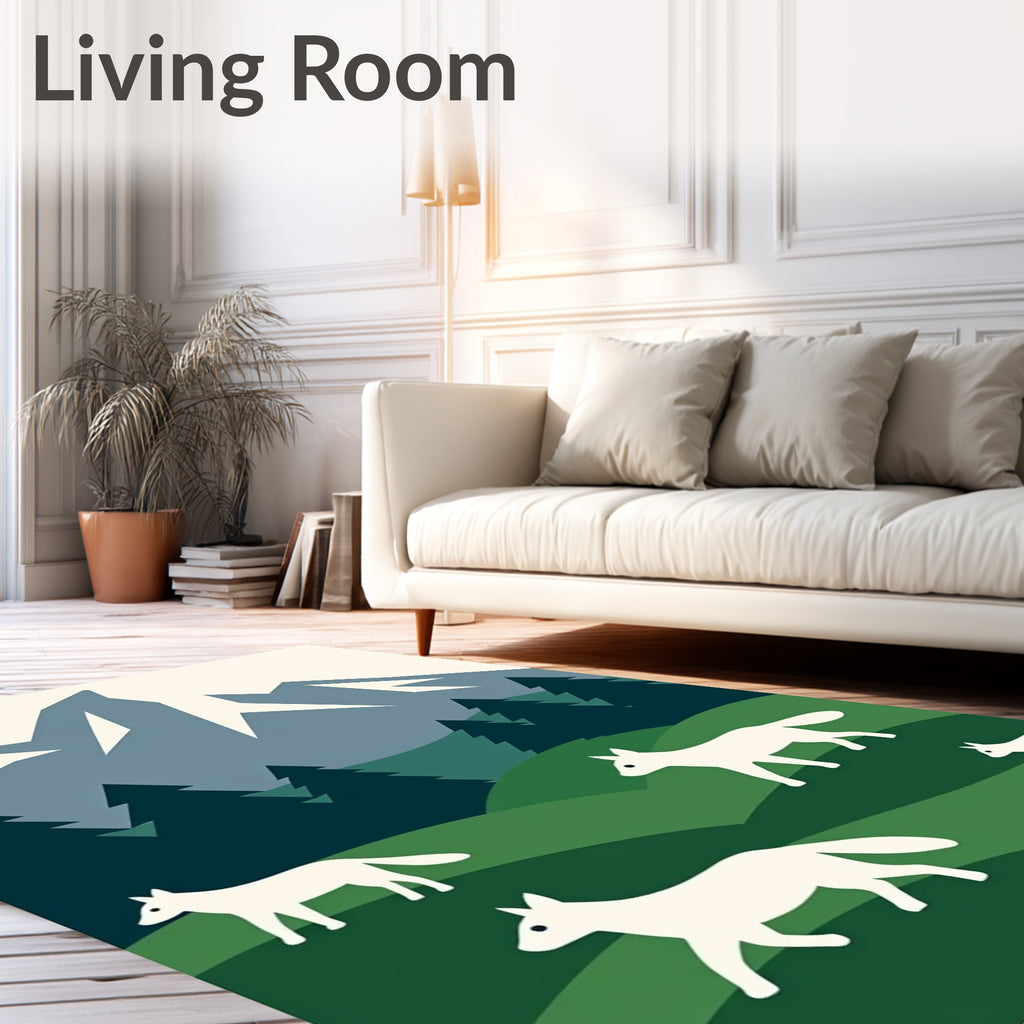 White Foxes Forest Mountain Landscape Rug