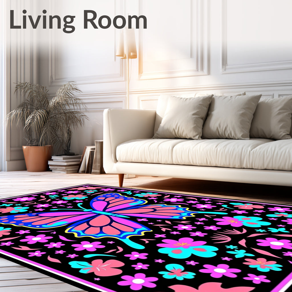Vibrant Butterfly Floral Medallion Black Rug
