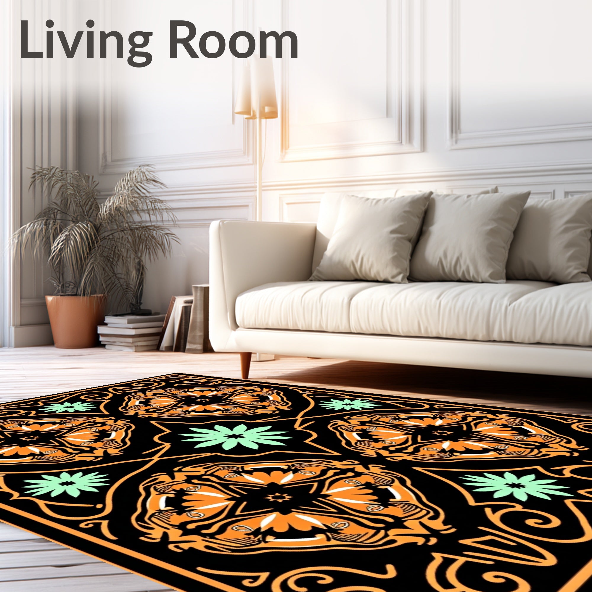 Orange Black Mint Green Floral Mandala Rug